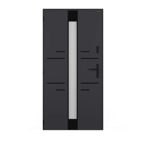 Nowoczesne, antracytowe drzwi zewnętrzne z wstawką szklaną i poziomymi elementami dekoracyjnymi.