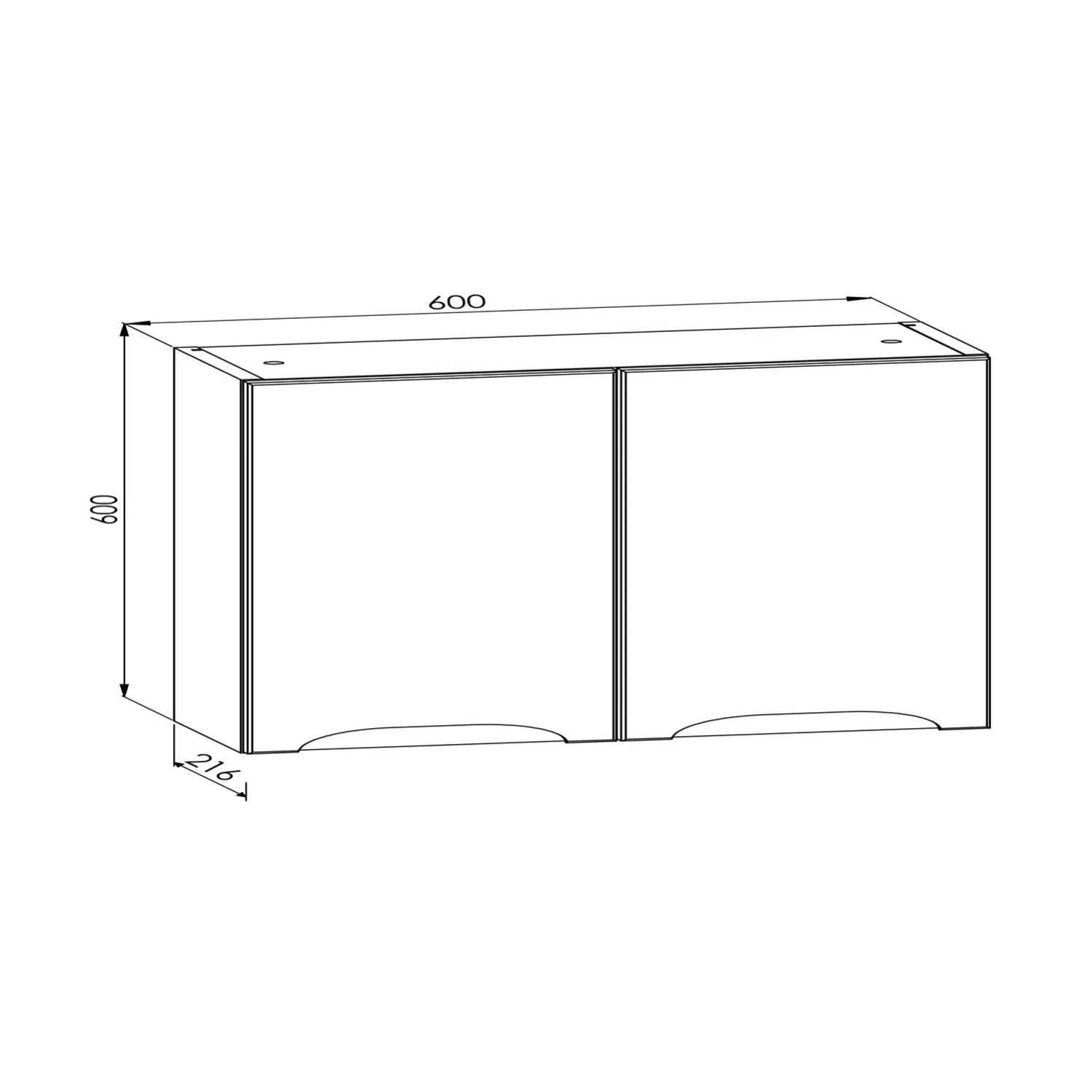 Rysunek techniczny zestawu mebli łazienkowych t.b.t. o wymiarach 600x600x216 mm.