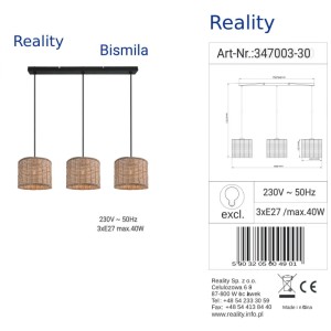 Reality Lampa wisząca BISMILLA 3xE27 40W czarna