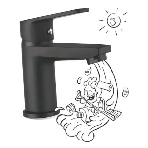 Czarna bateria umywalkowa t.b.t. ze stylizowaną ilustracją wody.