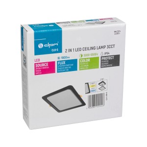 Opakowanie kwadratowej lampy sufitowej LED t.b.t. ze szczegółami technicznymi.