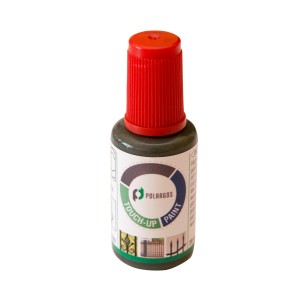 Lakier zaprawkowy do ogrodzeń, t.b.t., butelka z czerwoną zakrętką.