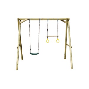 Drewniana huśtawka z siedziskiem i kółkami gimnastycznymi dla dzieci.