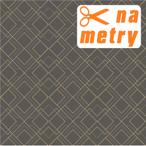 Obrus z geometrycznym wzorem w kolorze szarym i złotym.