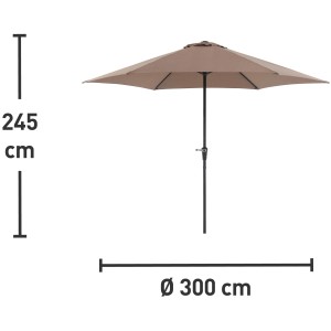 Parasol Mokka, Ø 300 cm, z korbą i wymiarami wysokości i średnicy.