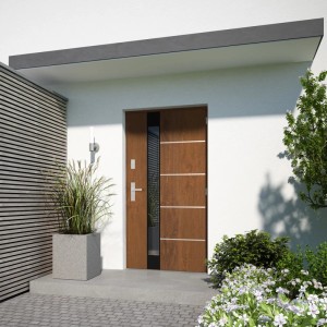 Nowoczesne drzwi wejściowe z efektem drewna i elementem szklanym, część sceny wejścia do domu.