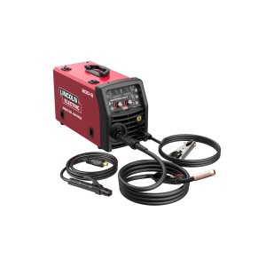 Czerwona spawarka t.b.t. z akcesoriami, takimi jak kable i zaciski.