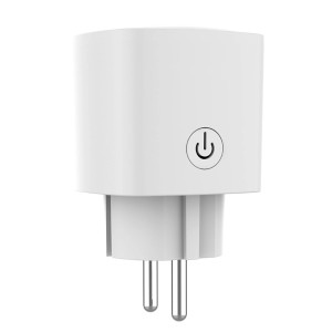 Biała wtyczka t.b.t. do sterowania domem z okrągłym przyciskiem włączania/wyłączania.