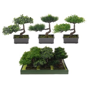 Kilka sztucznych roślin bonsai w różnych stylach i rozmiarach.