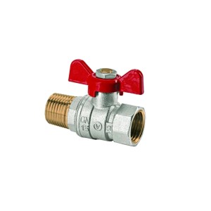 Zawór kulowy t.b.t. z czerwonym uchwytem motylkowym do rur wodnych.