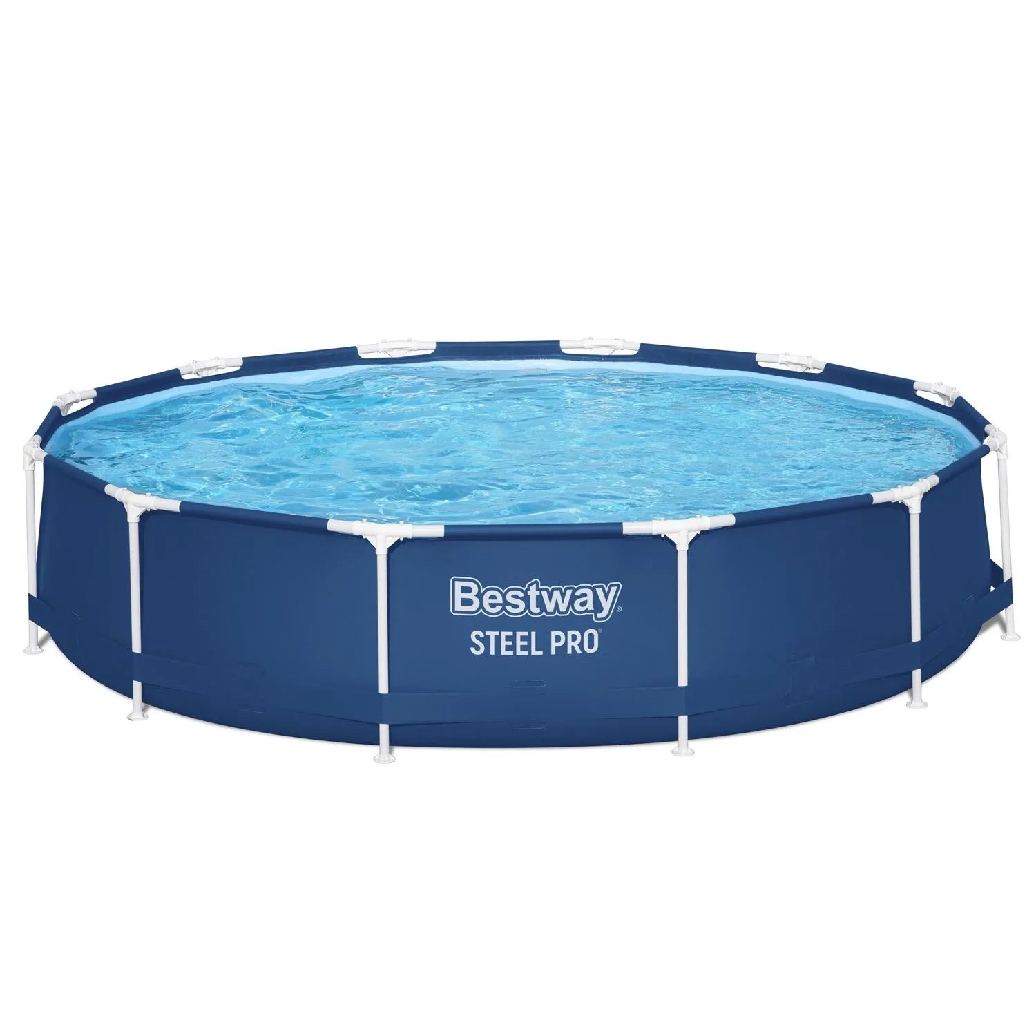 Okrągły basen Bestway Steel Pro ze stalową ramą, niebieski, Ø 366 cm, z białą konstrukcją i czystą wodą. Basen ogrodowy.