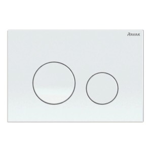 Biały panel spłukujący do WC z dwoma okrągłymi przyciskami.