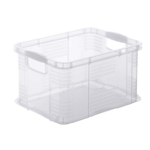 Przezroczysty pojemnik systemowy Rotho Agilo A4, z uchwytami, do układania w stosy.