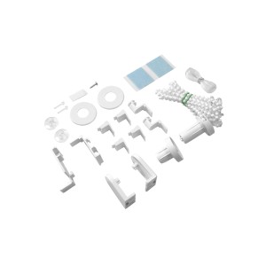 Zestaw akcesoriów do rolety t.b.t.: Elementy montażowe, śruby, paski klejące i sznurek.