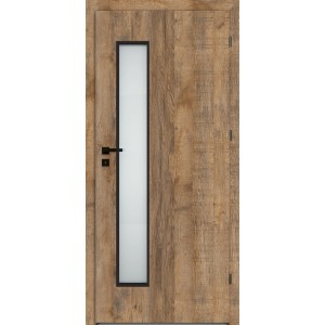 Drzwi wewnętrzne w kolorze drewna z szybą i czarną klamką.