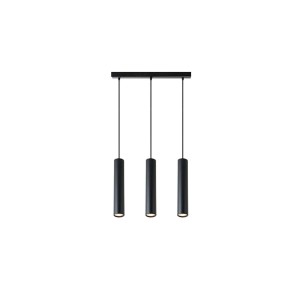 Czarna lampa wisząca t.b.t. z trzema cylindrycznymi lampami do użytku wewnętrznego.