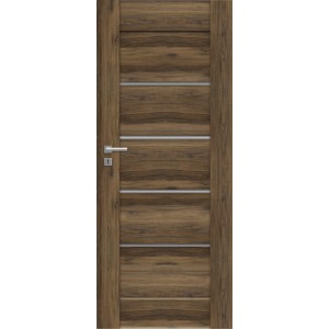 Nowoczesne drzwi wewnętrzne w kolorze drewna ze srebrnymi akcentami.