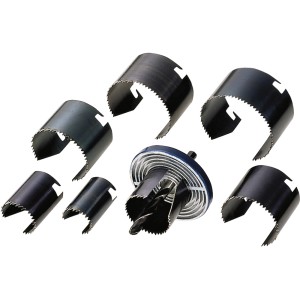 Zestaw pił otworniczych 9 szt. (25-62mm) z adapterem i wiertłem centrującym do precyzyjnego wiercenia w drewnie.