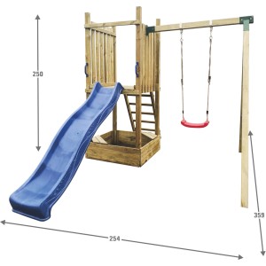 Drewniany plac zabaw ze zjeżdżalnią i huśtawką dla dzieci.