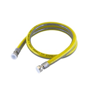 Żółty elastyczny wąż gazowy z metalowymi złączkami.