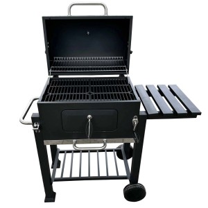 Czarny grill węglowy z półką i otwartą pokrywą.