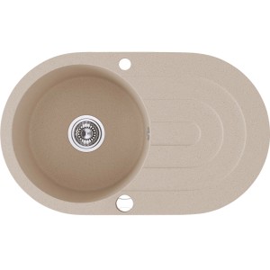 Beżowy zlewozmywak granitowy z okrągłą komorą i ociekaczem.