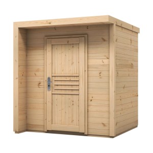 Drewniany domek ogrodowy z drzwiami, w naturalnym wykończeniu. Idealny jako domek na narzędzia lub mała altana.