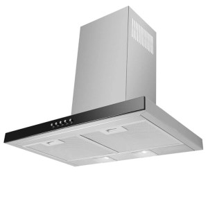 Srebrny okap ścienny t.b.t. z czarnym panelem sterowania.