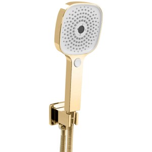 Złota słuchawka prysznicowa do zestawów prysznicowych, kwadratowa głowica z białymi dyszami.