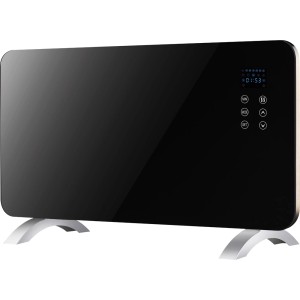 Czarny grzejnik elektryczny t.b.t. z cyfrowym wyświetlaczem i srebrnymi nóżkami.