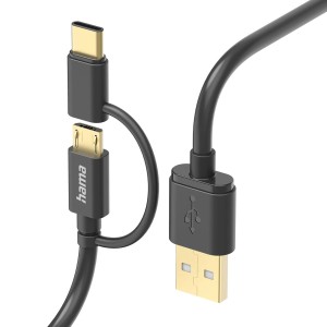 Czarny kabel USB z USB-A, USB-C i Micro-USB do akcesoriów do telefonów komórkowych.