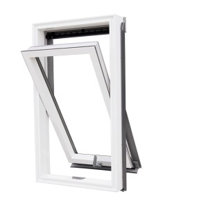 Białe okno dachowe t.b.t., otwarte, do adaptacji poddasza i wentylacji.