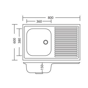 Rysunek techniczny zlewozmywaka ze stali nierdzewnej t.b.t. z ociekaczem i wymiarami.