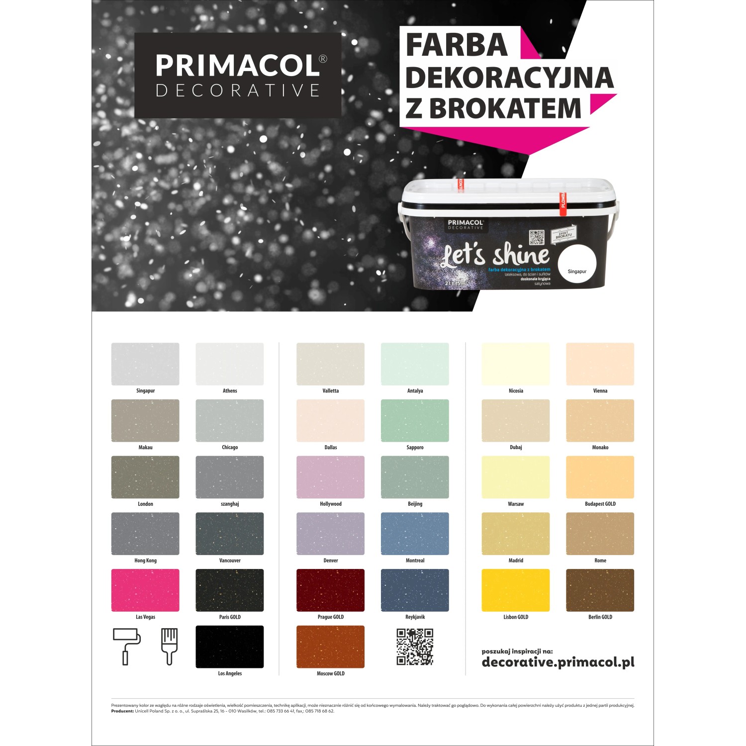 Farba dekoracyjna Primacol z brokatem, różne wzory kolorów.
