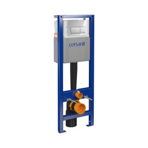 Zestaw WC t.b.t. ze stelażem i spłuczką w kolorze niebieskim.