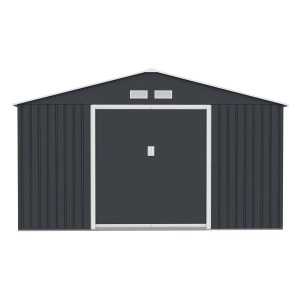 Metalowy domek narzędziowy w kolorze antracytowym z podwójnymi drzwiami. Idealny do przechowywania w ogrodzie.