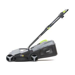 Szary elektryczny kosiarka t.b.t. z koszem na trawę.