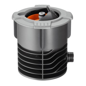 Gniazdo wodne Gardena do systemu rurociągowego, chowane z zaworem stopowym i filtrem zanieczyszczeń.