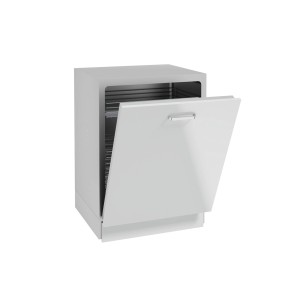 Biała szafka kuchenna z zestawu mebli kuchennych t.b.t. z otwartymi drzwiami i półkami.