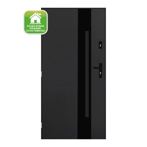 Nowoczesne antracytowe drzwi zewnętrzne z pionowym elementem dekoracyjnym i okuciami.
