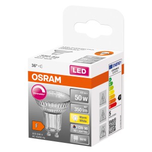 Żarówka LED GU10 Osram, ściemnialna, ciepła biel, 50W, w opakowaniu.
