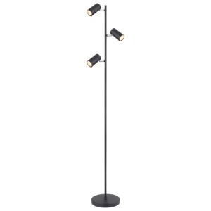 Czarna lampa podłogowa t.b.t. z trzema reflektorami do salonu.