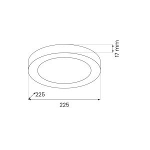 Rysunek techniczny: t.b.t. LED Plafony, okrągły kształt, wymiary 225x225x17 mm.