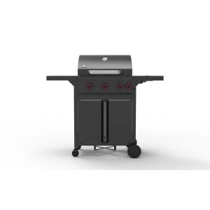 Czarny grill gazowy t.b.t. z trzema palnikami i szafką.
