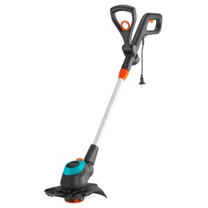 Podkaszarka elektryczna Gardena EasyCut 450/25 z teleskopowym trzonkiem, uchwytem przednim i osłoną roślin, czarna.