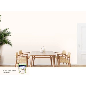 Aranżacja ściany z t.b.t. Kolorowe farby do ścian, farba na ścianie, wiadro na pierwszym planie.