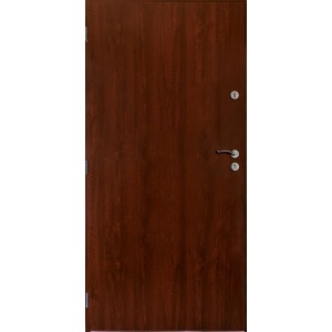 Brązowe drzwi zewnętrzne z drewnianą strukturą i srebrną klamką.