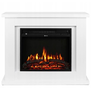 Biały kominek elektryczny t.b.t. z symulowanym płomieniem dla przytulnej atmosfery.