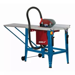 Niebieska piła stołowa z odsysaniem pyłu i czerwoną obudową.