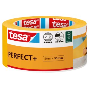 Żółta taśma malarska tesa® Perfect+ 50 mm x 50 m w rolce do ostrych krawędzi malarskich.